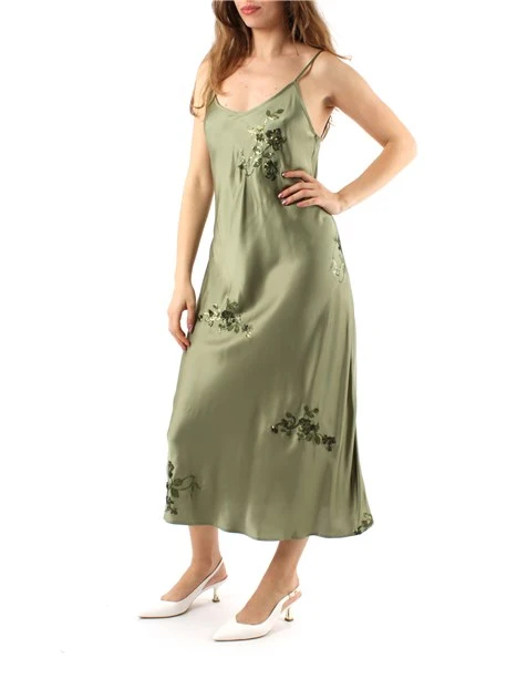 VESTITO LUNGO IN RASO CON RICAMO DONNA VERDE