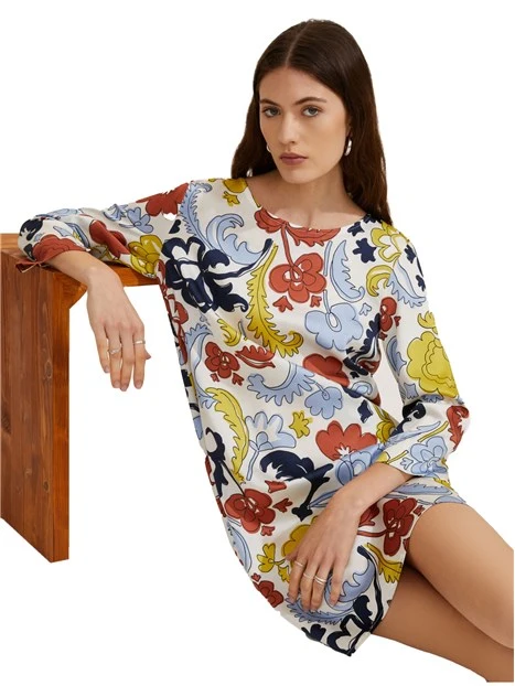 VESTITO CORTO A FANTASIA FLOREALE MULTICOLORE DONNA GIALLO