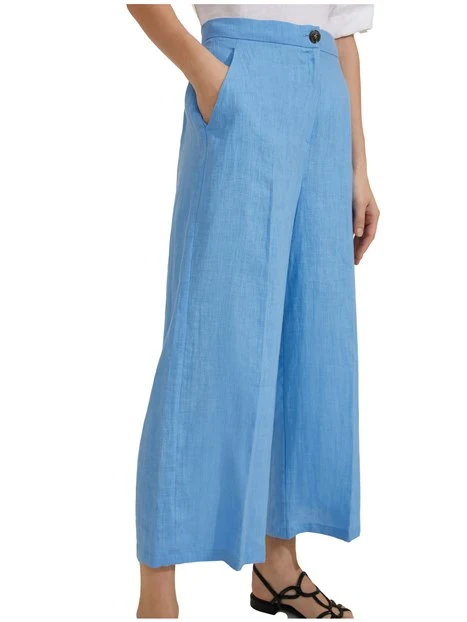 PANTALONI CROPPED DRITTI IN PURO LINO DONNA AZZURRO