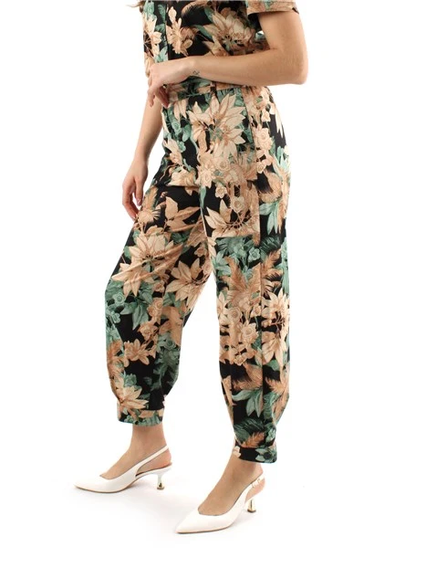 PANTALONI CROPPED A FANTASIA FLOREALE DONNA NERO