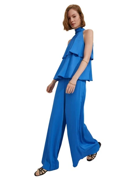 PANTALONI PALAZZO IN CREPONNE DONNA AZZURRO