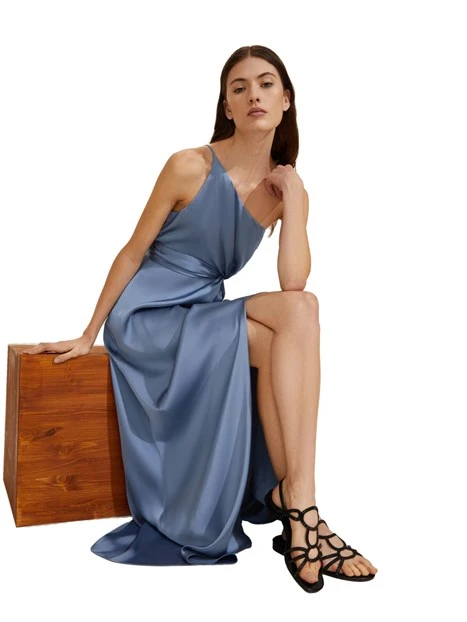 VESTITO LUNGO MONOSPALLA IN RASO DONNA AZZURRO