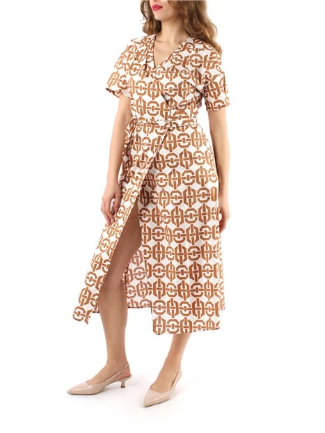 VESTITO LUNGO A FANTASIA IN POPELINE DI COTONE DONNA MARRONE