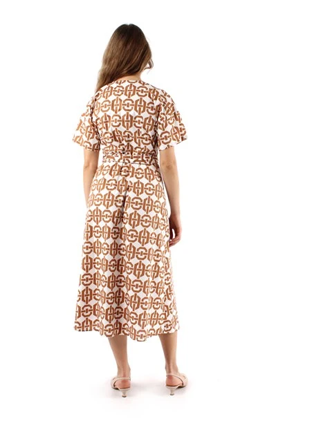 VESTITO LUNGO A FANTASIA IN POPELINE DI COTONE DONNA MARRONE