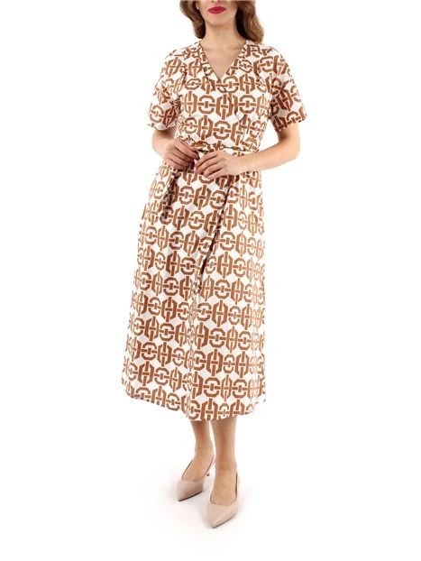 VESTITO LUNGO A FANTASIA IN POPELINE DI COTONE DONNA MARRONE