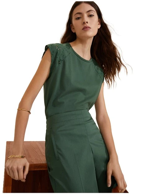 T-SHIRT MANICA CORTA CON MANICHE IN SANGALLO DONNA VERDE SCURO