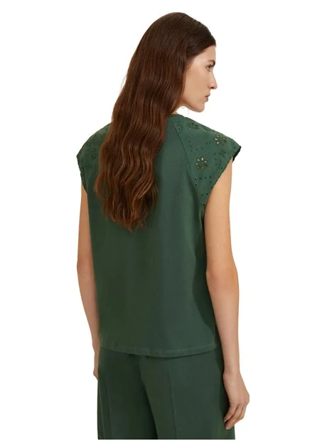 T-SHIRT MANICA CORTA CON MANICHE IN SANGALLO DONNA VERDE SCURO