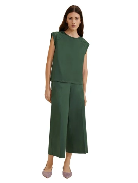 T-SHIRT MANICA CORTA CON MANICHE IN SANGALLO DONNA VERDE SCURO