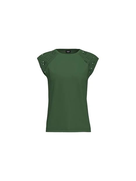 T-SHIRT MANICA CORTA CON MANICHE IN SANGALLO DONNA VERDE SCURO