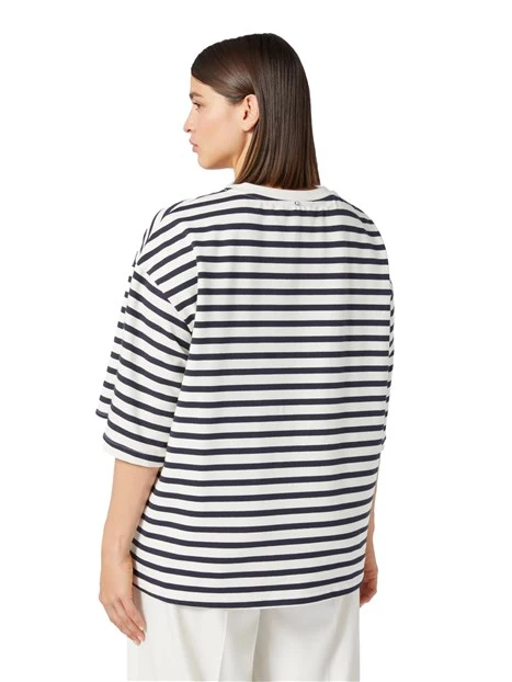 T-SHIRT MANICA CORTA A RIGHE DONNA AVORIO BLU