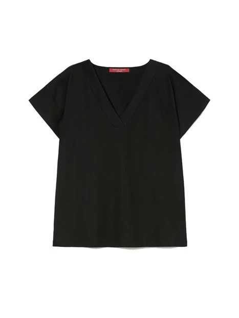 T-SHIRT MANICA CORTA IN JERSEY CON SCOLLO A V DONNA NERO