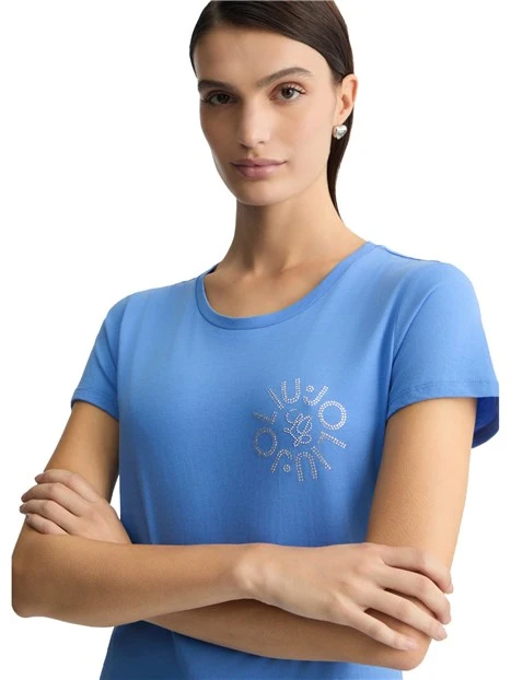 T-SHIRT MANICA CORTA CON LOGO E STRASS DONNA BLU