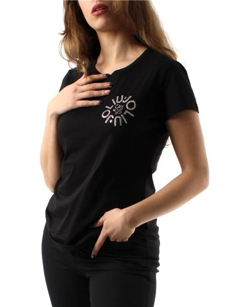 T-SHIRT MANICA CORTA CON LOGO E STRASS DONNA NERO