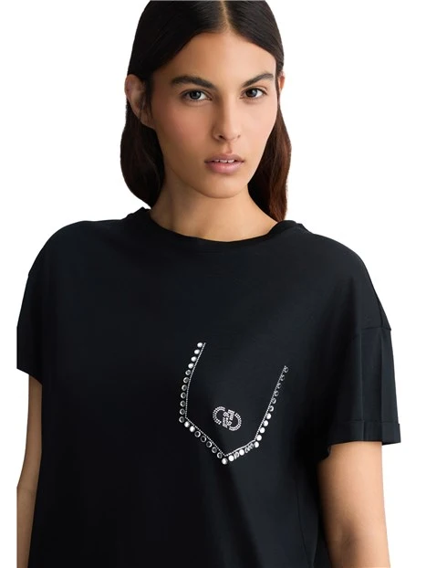 T-SHIRT MANICA CORTA CON STRASS DONNA NERO