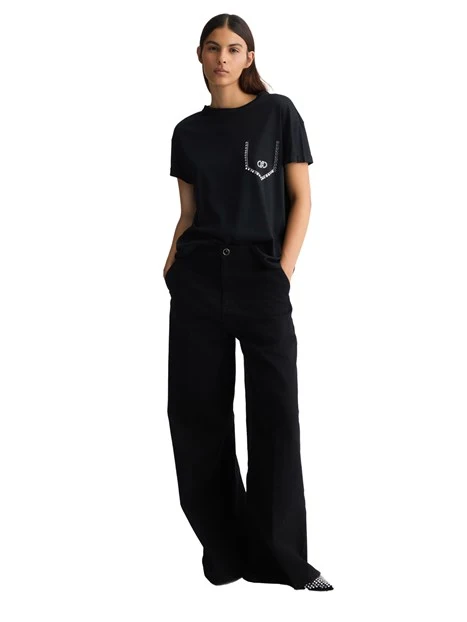 T-SHIRT MANICA CORTA CON STRASS DONNA NERO