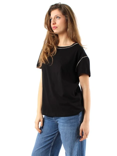 T-SHIRT MANICA CORTA CON DETTAGLI STRASS DONNA NERO
