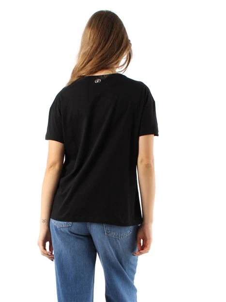 T-SHIRT MANICA CORTA CON DETTAGLI STRASS DONNA NERO