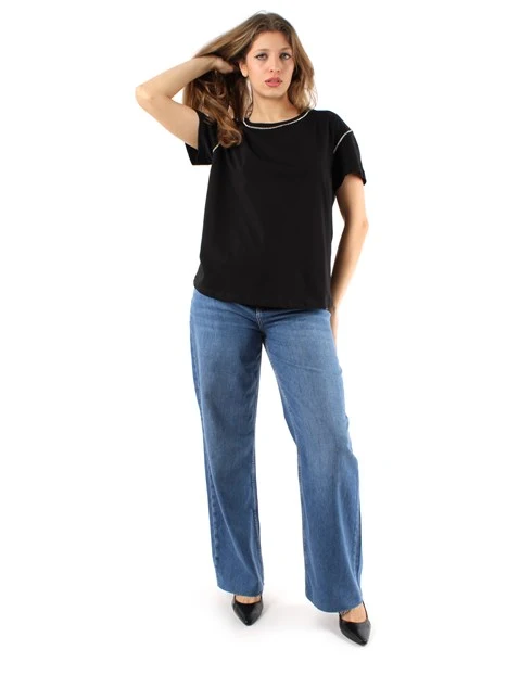 T-SHIRT MANICA CORTA CON DETTAGLI STRASS DONNA NERO