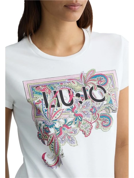 T-SHIRT CON LOGO FLOREALE E STRASS DONNA BIANCO