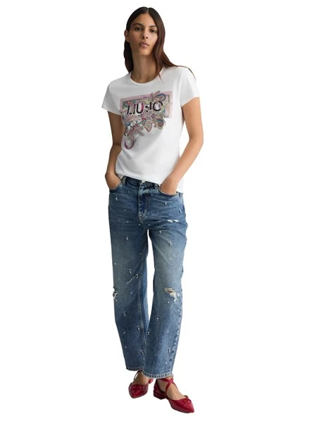 T-SHIRT CON LOGO FLOREALE E STRASS DONNA BIANCO