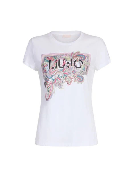 T-SHIRT CON LOGO FLOREALE E STRASS DONNA BIANCO