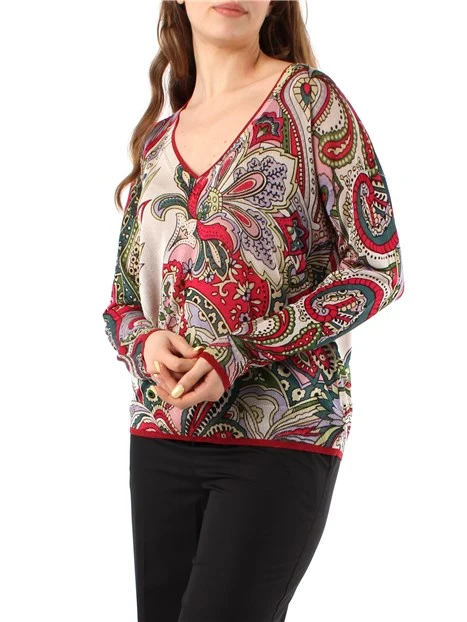 MAGLIA CON SCOLLO A V CON STAMPA FOULARD DONNA ROSSO