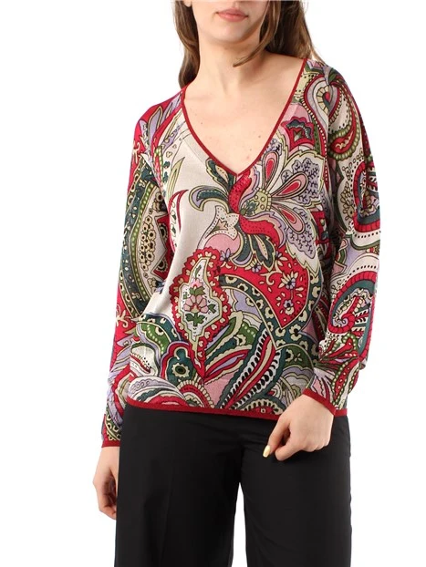 MAGLIA CON SCOLLO A V CON STAMPA FOULARD DONNA ROSSO