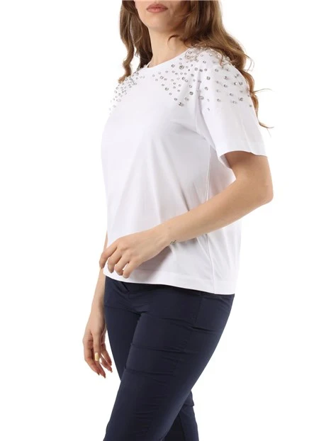 T-SHIRT MANICA CORTA CON CRISTALLI DONNA BIANCO