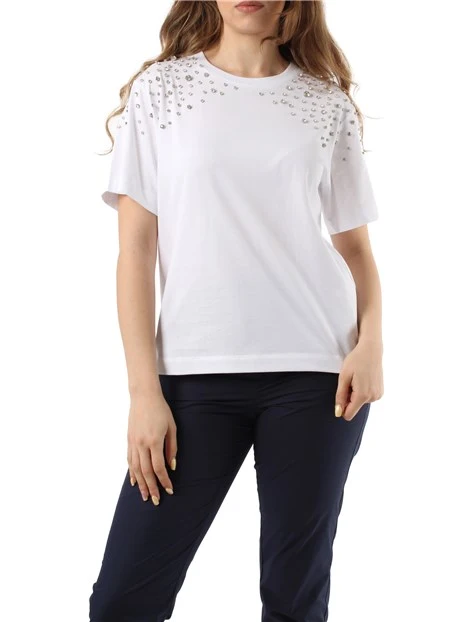 T-SHIRT MANICA CORTA CON CRISTALLI DONNA BIANCO