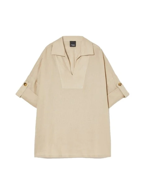 BLUSA CON SCOLLO A V IN PURO LINO DONNA BEIGE