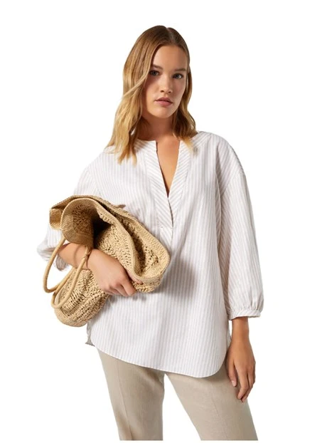 BLUSA IN COTONE E LINO A RIGHE DONNA BIANCO