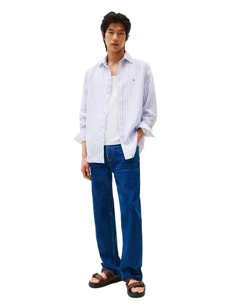 CAMICIA A RIGHE REGULAR FIT UOMO BIANCO CELESTE