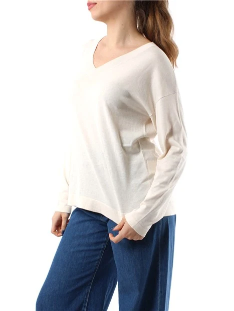 MAGLIA CON SCOLLO A V IN FILATO MISTO SETA DONNA ECRU