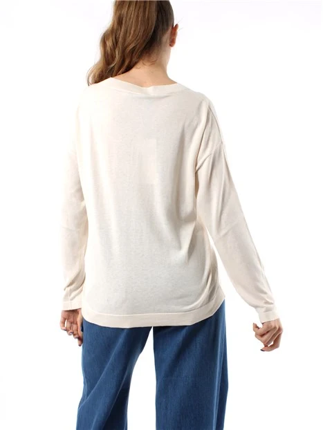 MAGLIA CON SCOLLO A V IN FILATO MISTO SETA DONNA ECRU