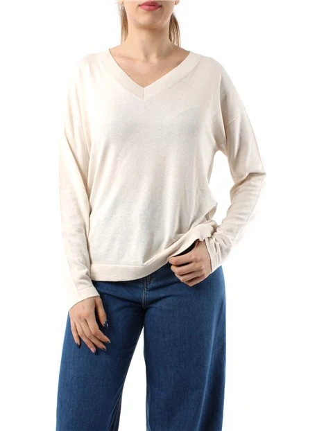 MAGLIA CON SCOLLO A V IN FILATO MISTO SETA DONNA ECRU