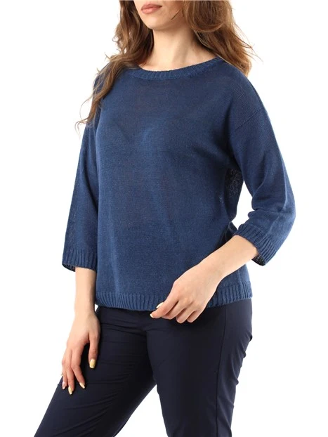 MAGLIA CON SCOLLO A BARCA IN FILATO PURO LINO DONNA BLU