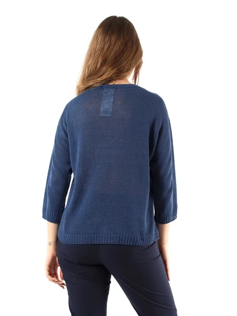 MAGLIA CON SCOLLO A BARCA IN FILATO PURO LINO DONNA BLU