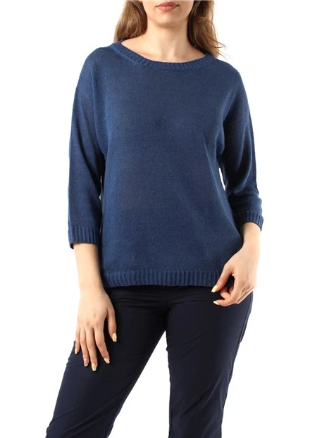 MAGLIA CON SCOLLO A BARCA IN FILATO PURO LINO DONNA BLU