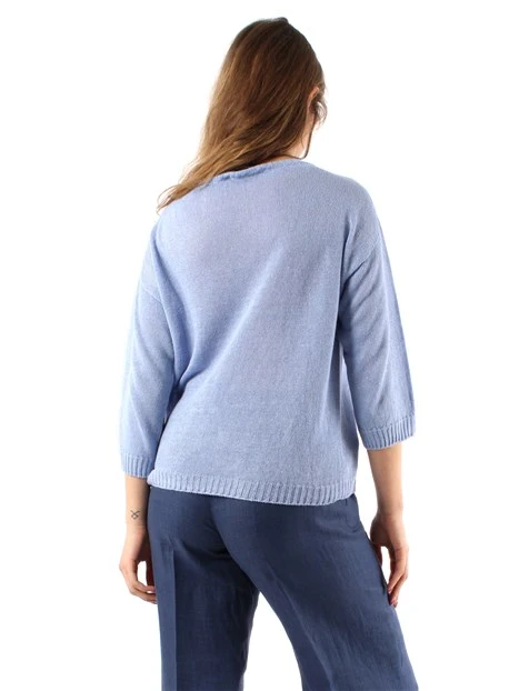 MAGLIA CON SCOLLO A BARCA IN FILATO PURO LINO DONNA CELESTE