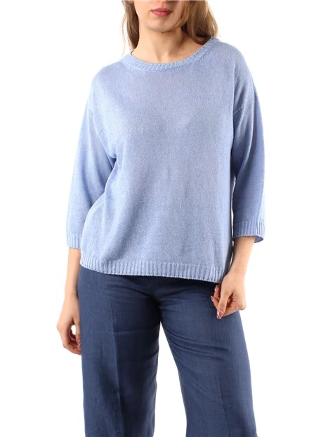 MAGLIA CON SCOLLO A BARCA IN FILATO PURO LINO DONNA CELESTE