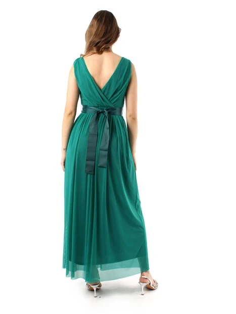 VESTITO LUNGO IN TULLE CON CINTURA RICAMATA DONNA VERDE