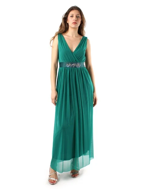 VESTITO LUNGO IN TULLE CON CINTURA RICAMATA DONNA VERDE