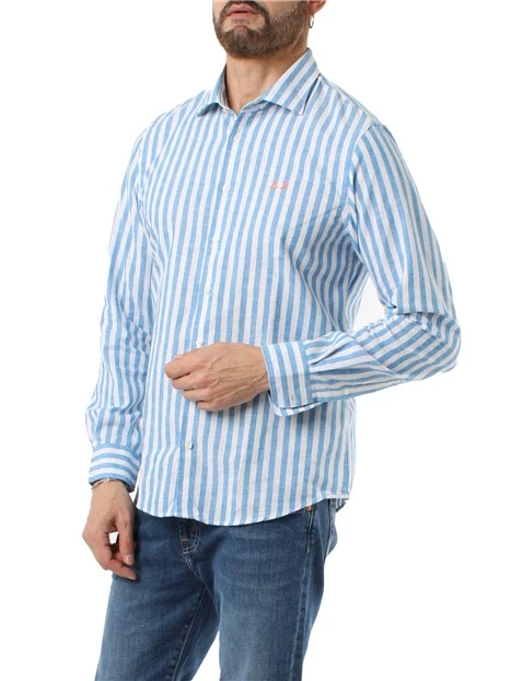 CAMICIA CASUAL A RIGHE IN MISTO LINO UOMO BIANCO BLU