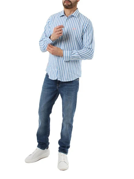 CAMICIA CASUAL A RIGHE IN MISTO LINO UOMO BIANCO BLU