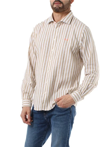 CAMICIA CASUAL A RIGHE IN MISTO LINO UOMO BIANCO BEIGE