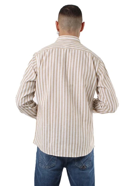 CAMICIA CASUAL A RIGHE IN MISTO LINO UOMO BIANCO BEIGE