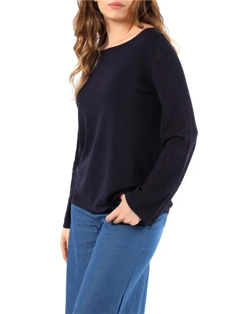 MAGLIA SCOLLO A BARCA CON MOTIVO TRAFORATO DONNA BLU NAVY