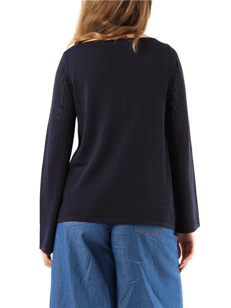 MAGLIA SCOLLO A BARCA CON MOTIVO TRAFORATO DONNA BLU NAVY