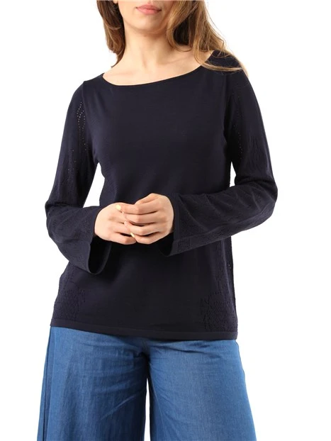 MAGLIA SCOLLO A BARCA CON MOTIVO TRAFORATO DONNA BLU NAVY