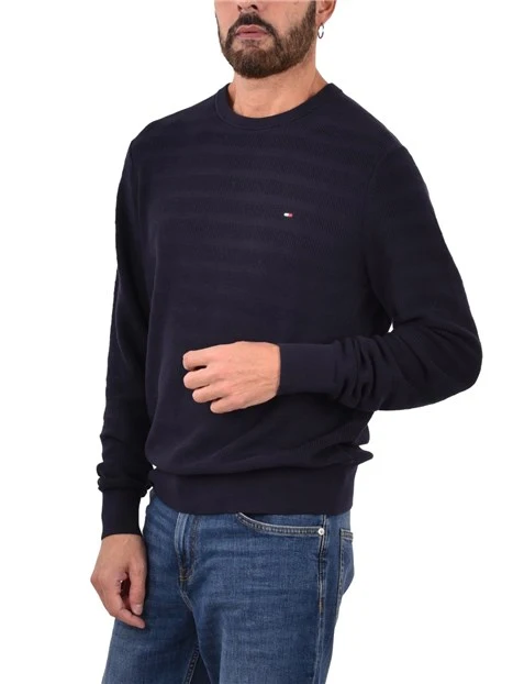 MAGLIA GIROCOLLO IN COTONE CON LAVORAZIONE A RIGHE UOMO BLU